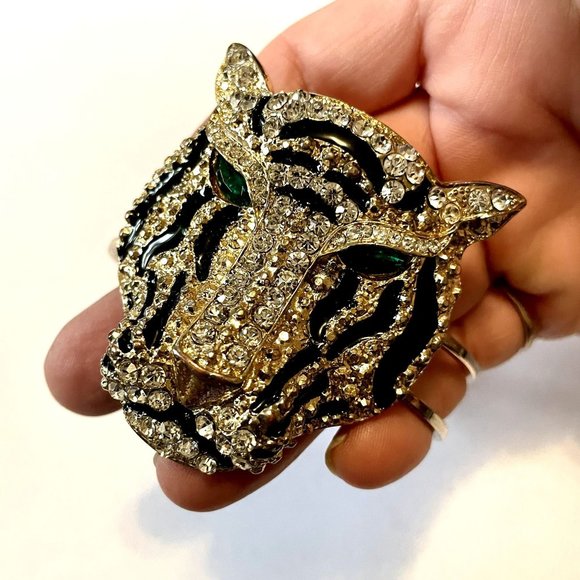 Jewelry - Rhinestone Enamel Gold Tone Tiger Hinge Bracelet